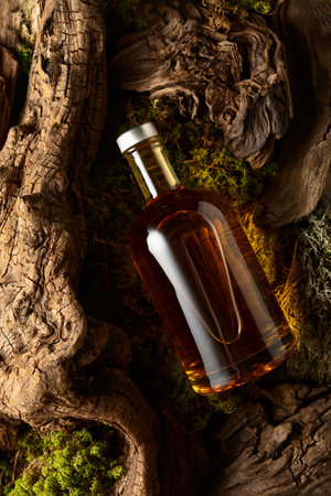 Bottle of strong alcoholic drink, old snags, and moss. Concept of strong alcoholic drinks. Top view.の写真素材