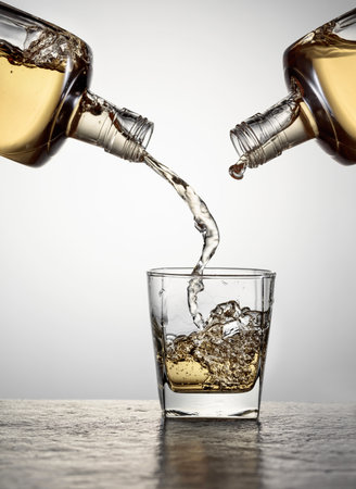 Whiskey is poured from a bottle into a glass. Copy space.の写真素材