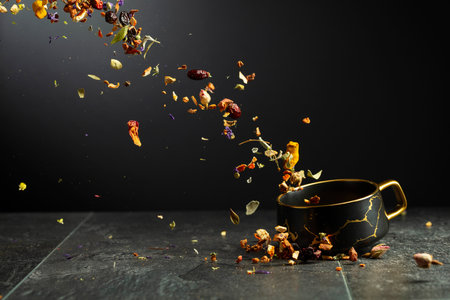 Ingredients for making herbal tea are poured into a mug. Concept of herbal medicine. Black background with copy space.の写真素材