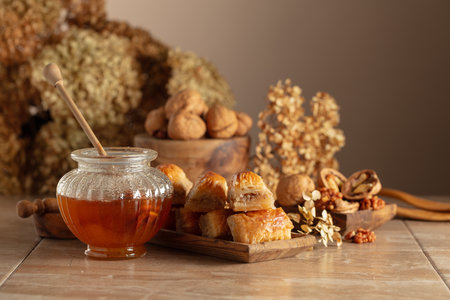 Baklava with walnuts and honey on a beige background. Traditional East desert in wooden dish. Copy space.の写真素材