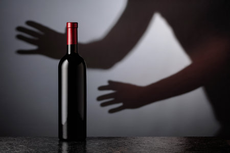 Bottle of red wine on a black table. Hand in reaches for a bottle of red wine. Copy space.の写真素材
