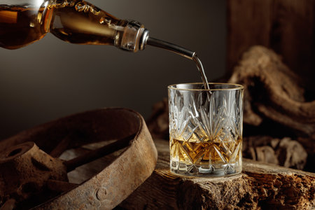 Glass of whiskey on an old wooden board. Whiskey is poured from a bottle into a glass. Vintage background with old wood and rusty metal. Concept of old expensive drinks.の写真素材