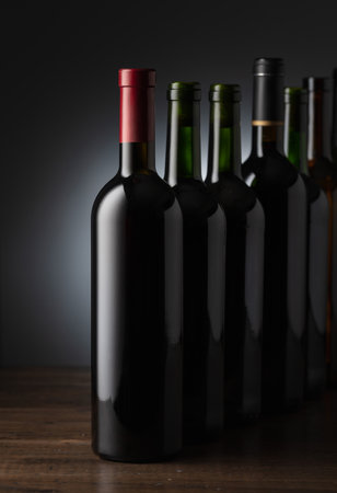 Bottles of wine on an old wooden table. Focus on foreground.の写真素材