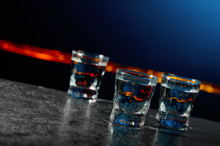 Vodka on a dark blue background with copy space.の写真素材