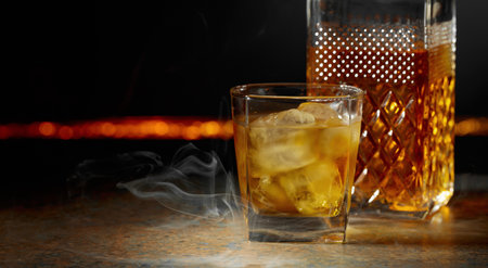 Whiskey with ice on a dark background. Copy space.