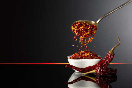 Dry chili pepper flakes in a small ceramic bowl on a black reflective background. Red pepper flakes pour in white bowl. Copy space.の写真素材