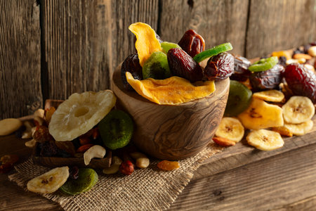 Dried tropical fruits with various nuts and raisins on an old wooden table.の写真素材