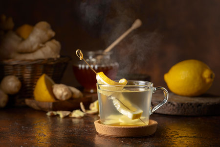 Ginger tea with lemon and honey on a brown background.