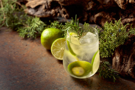 Cocktail: gin and tonic with ice, lime, and rosemary on a rustic background. In the background, old...