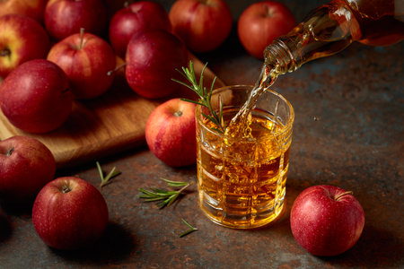 Apple cider is poured from a bottle into a glass. Fresh drink with apples on an old kitchen table.の写真素材