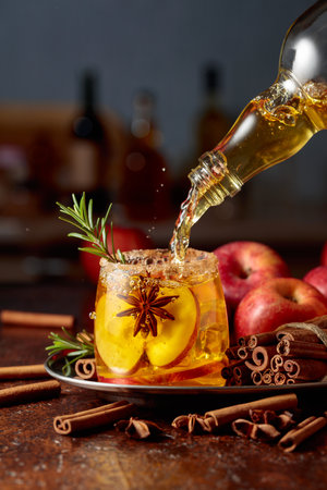 Apple cider is poured from a bottle into a glass with apple slices, anise, and a rosemary branch. The glass is garnished with sugar and cinnamon powder.の写真素材