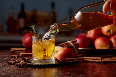 Apple cider is poured from a bottle into a crystal glass. Fresh drink with apples on an old kitchen table. Copy space.の写真素材