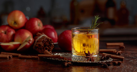 Apple cider with apple slices and a rosemary sprig. Fresh apples, cinnamon sticks, and anise are scattered on an old kitchen table.の写真素材
