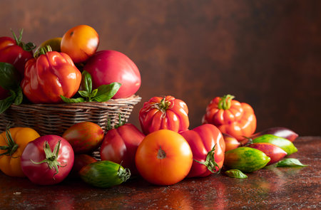 Different varieties of tomatoes on a brown background. Copy space.の写真素材