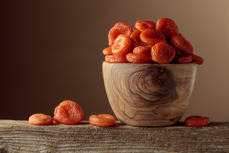 Organic dried apricots in a wooden dish on a brown background. Copy space.の写真素材