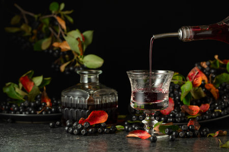 Black chokeberry liquor and fresh berries on a black background. Juice or liquor is poured from a bottle into a glass.の写真素材
