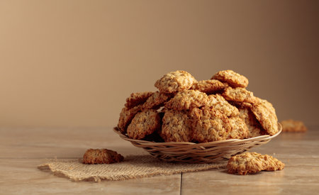 Oatmeal cookies on a kitchen table. Beige background with copy space.の写真素材