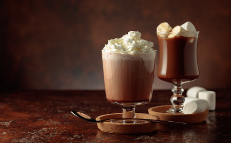 Hot chocolate with whipped cream in a glass mug on an old brown table. Copy space.の写真素材