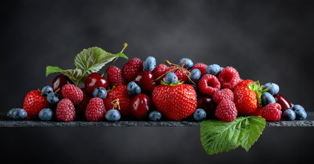 Berries closeup colorful assorted mix of strawberry, blueberry, raspberry and sweet cherry in studio on dark background.の写真素材