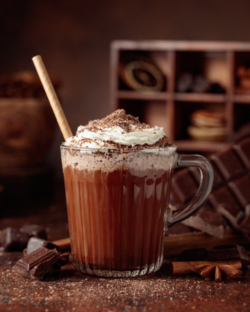 Hot chocolate topped with whipped cream and sprinkled with chocolate chips. A chocolate drink featuring ingredients set against a vintage brown background.の写真素材