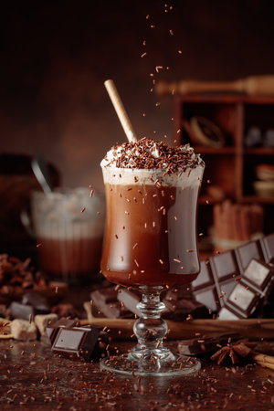 Hot chocolate topped with whipped cream and sprinkled with chocolate chips. A chocolate drink featuring ingredients set against a vintage brown background.の写真素材