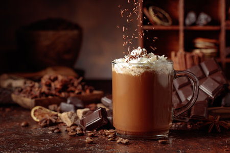 Chocolate drink topped with whipped cream and sprinkled with chocolate chips. A chocolate drink featuring ingredients set against a vintage brown background.の写真素材