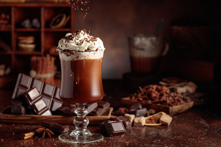 Hot chocolate topped with whipped cream and sprinkled with chocolate chips. A chocolate drink featuring ingredients set against a vintage brown background.の写真素材