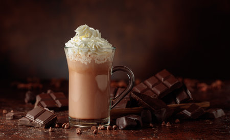 Hot chocolate cocoa drink with whipped cream. Cocoa drink in glass mug and pieces of bitter chocolate on a dark brown background.の写真素材