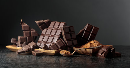 Broken dark chocolate bar and cocoa powder on a black background. Copy space.