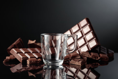 Empty glass mug prepared for making hot chocolate and broken bitter chocolate bar. Black reflective background with copy space.の写真素材