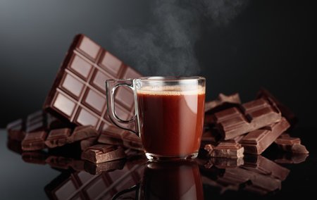 Glass mug of hot chocolate and broken bitter chocolate bar. Black reflective background with copy space.の写真素材
