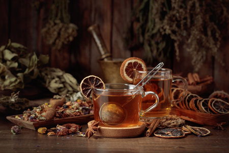 Cups of herbal tea with various dried herbs, flowers, and spices. Tea with ingredients and slices of dried citrus.の写真素材