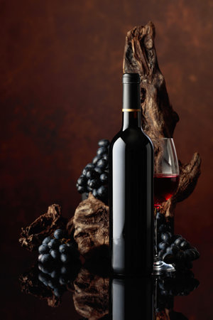 Bottle and glass of red wine. In the background old weathered snag and grapes. Copy space.の写真素材