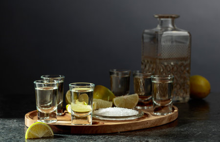 Gold tequila with salt and lime slices on a wooden tray. Copy space.の写真素材