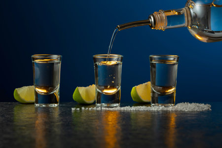 Tequila with lime and salt on a stone table. Strong alcoholic drink is poured from a bottle into a shots.の写真素材