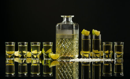 Tequila shots with lime slices and salt on a black reflective background. Copy space.