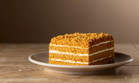 Traditional homemade honey cake on a beige background. Copy space.の写真素材
