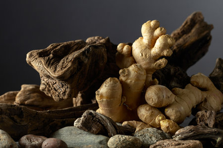 Fresh ginger root with old snags and stones on a black background. Concept of east herbal medicine.の写真素材