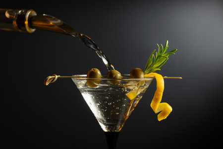 Classic dry martini cocktail with green olives, lemon peel, and rosemary on a black background. Free space for your text.の写真素材