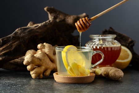 Ginger tea with lemon and honey. Concept of east herbal medicine.の写真素材