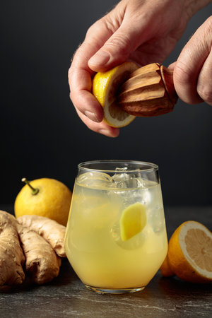 Ginger Ale with ice and lemon. Juice is squeezed out of a lemon with an old wooden juicer.の写真素材