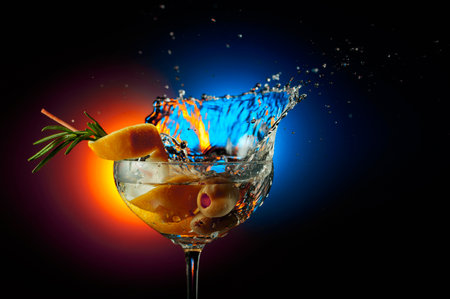 A lemon wedge falls into a martini glass, creating beautiful splashes. Green olives complement the classic drink, highlighting its purity and style. Copy space.の写真素材