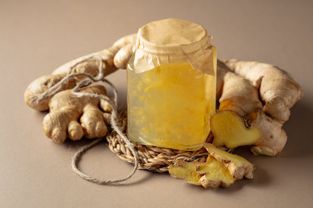 Ginger jam in small square jar and fresh ginger on a beige background.の写真素材