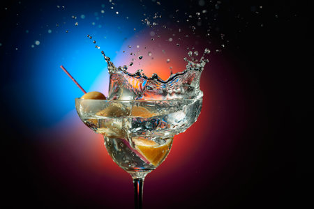 A lemon wedge falls into a martini glass, creating beautiful splashes. Green olives complement the classic drink, highlighting its purity and style. Copy space.の写真素材