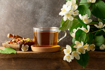 Herbal tea and blooming jasmine branch on a wooden table. Copy space.の写真素材