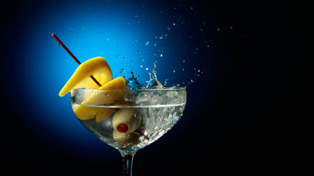 Green olive falls into a martini glass, creating beautiful splashes. Green olives and lemon slice complement the classic drink, highlighting its purity and style. Copy space.の写真素材