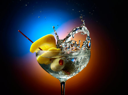 Green olive falls into a martini glass, creating beautiful splashes. Green olives and lemon slice complement the classic drink, highlighting its purity and style. Copy space.の写真素材