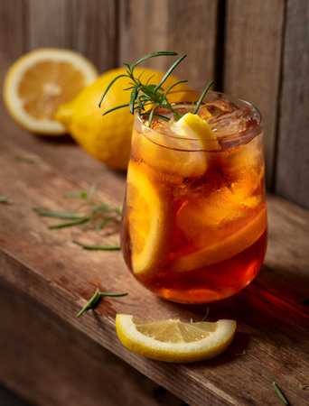 Iced tea or cocktail with ice, rosemary and lemon slices on an old wooden table. Fresh healthy cold lemon beverage. Tea with ice and lemon.の写真素材