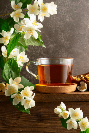 Herbal tea and blooming jasmine branch on a wooden table. Copy space.の写真素材