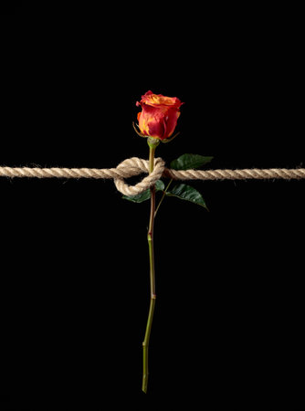 Red rose is tied with a rough rope. The concept of slavery or hostage, restriction of freedom. Copy space.の写真素材